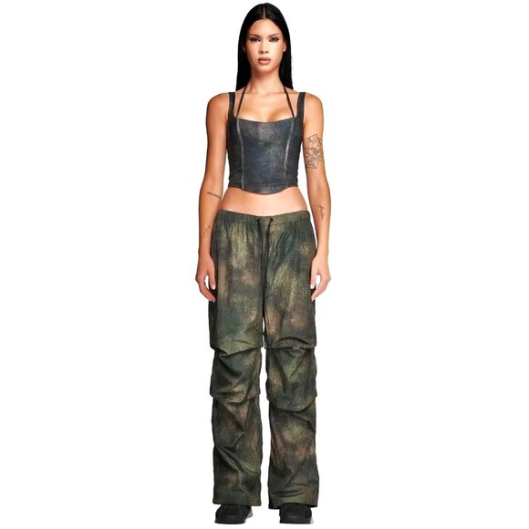 I AM GIA Ishta Green Camouflage Camo Relaxed Fit Wide Leg Parachute Pants sz S - Picture 11 of 12